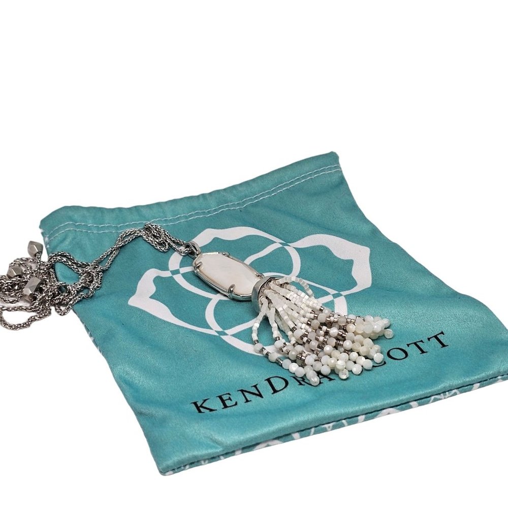 Kendra Scott Eva Necklace White Mother Of Pearl Long Tassel Pedant Beaded Silver - Picture 4 of 12